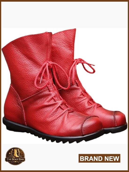 Shoes - Genuine Leather Flat Boots with Chunky Platform Heel, Ankle Booties